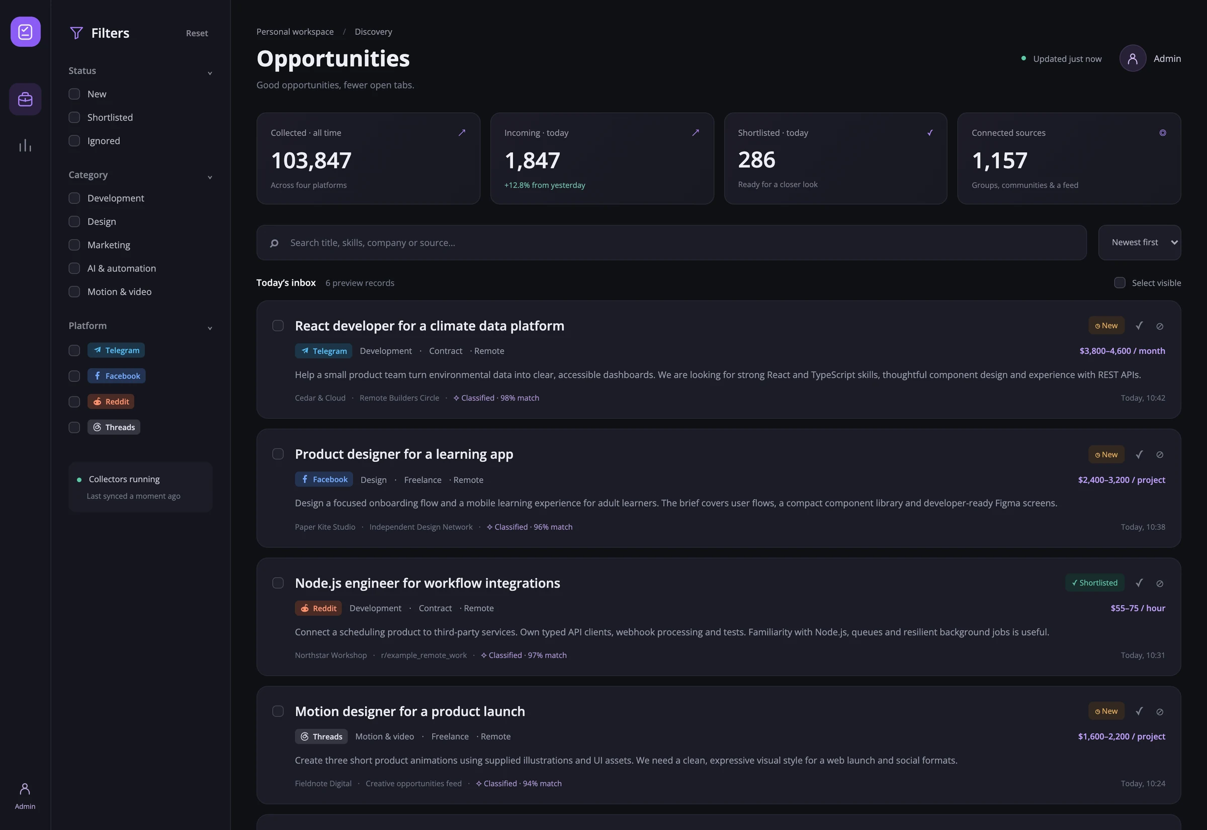 Personal opportunity dashboard with English vacancies and source platform badges
